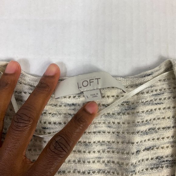 LOFT Cardigan Cotton Ivory Gray Long Sleeve Open Front Knit Sweater Size L Large - Picture 4 of 7